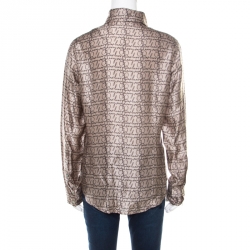 Pre Owned قميص بربري لند حرير بيج بالشعار المطبوع أكمام طويلة أزرار أمامية XL