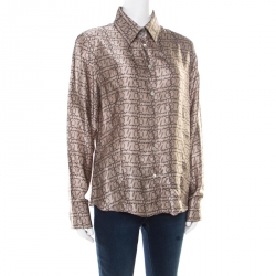 Pre Owned قميص بربري لند حرير بيج بالشعار المطبوع أكمام طويلة أزرار أمامية XL