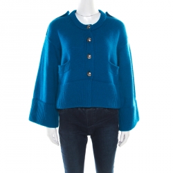 Burberry London Blue Cashmere Cropped Logo Button Cardigan S