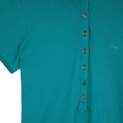 Pre Owned Burberry Turquoise Check Placket Polo Shirt M