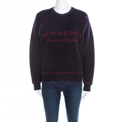 Pre Owned Burberry Navy Blue Wool Cashmere Logo Detail Sweatshirt S