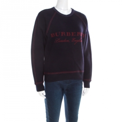 Pre Owned Burberry Navy Blue Wool Cashmere Logo Detail Sweatshirt S