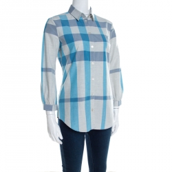 Pre Owned Burberry Brit Grey and Blue Checked Cotton Blouson Sleeve Shirt XS
