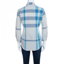 Pre Owned Burberry Brit Grey and Blue Checked Cotton Blouson Sleeve Shirt XS