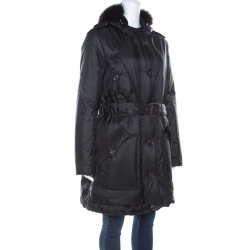 Pre Owned Burberry Black Fur Trim Hooded Puffer Jacket M