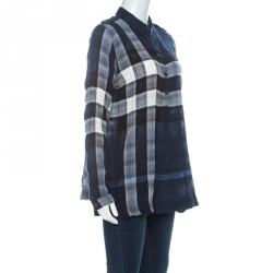مملوكة مسبقًا Burberry Navy Blue Black & White Tartan Wool Blend Shirt L