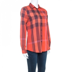 Pre Owned Burberry Brit Orange Checked Cotton Button Front Shirt S