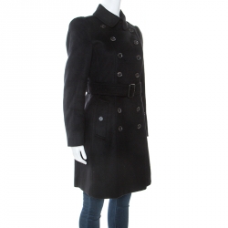 Pre Owned معطف بربري مطر صدر مزدوج كشمير أسود S