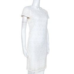 Pre Owned Burberry White Cotton Lace Shift Dress M