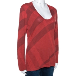 Pre Owned Burberry Brit Red Checked Merino Wool & Cashmere Sweater XL