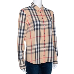 Pre Owned Burberry Brit Beige Nova Check Stretch Cotton Shirt L