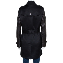 Pre Owned Burberry Brit Black Cotton Leather Sleeve Detail Belted Coat M