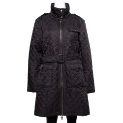 Pre Owned Burberry Black Diamond Quilted Zip Front Belted Long Jacket XL