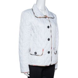 مملوكة مسبقًا جاكيت بربري بريت بأزرار أمامية مبطن نمط ألماسي الشكل أبيض مقاس وسط (ميديوم)