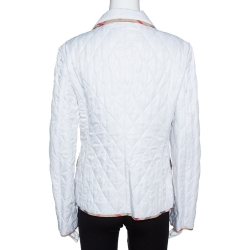 مملوكة مسبقًا جاكيت بربري بريت بأزرار أمامي ة مبطن نمط ألماسي الشكل أبيض مقاس وسط (ميديوم)