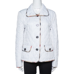 مملوكة مسبقًا جاكيت بربري بريت بأزرار أمامية مبطن نمط ألماسي الشكل أبيض مقاس وسط (ميديوم)