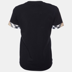 Pre Owned Burberry Black Cotton Check Cuff Crew Neck T-Shirt M