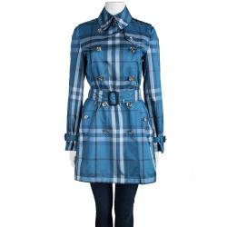 Pre Owned Burberry Brit Blue Checked Double Breasted Belted Trench Coat S