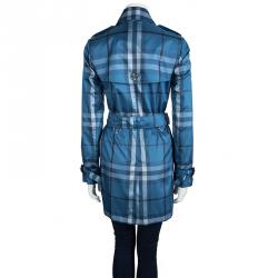 Pre Owned Burberry Brit Blue Checked Double Breasted Belted Trench Coat S