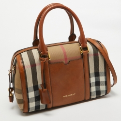 Pre Owned Burberry Brown Ochre House Check Fabric Medium Sactorial Alchester Bowler Bag