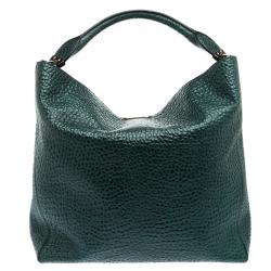Pre Owned Burberry Emerald Green Grain Leather Lindburn Hobo