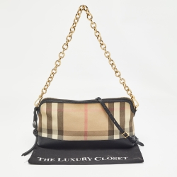 Pre Owned Burberry Black/Beige House Check Canvas and Leather Abbingdon Clutch Bag