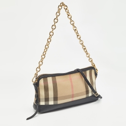 Pre Owned Burberry Black/Beige House Check Canvas and Leather Abbingdon Clutch Bag