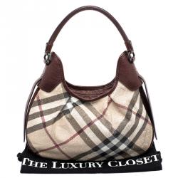 Pre Owned Burberry Burgundy Embossed Nova Check Vinyl Small Brooklyn Hobo