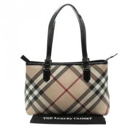 Pre Owned Burberry Beige/Black Nova Check Coated Canvas Nickie Tote