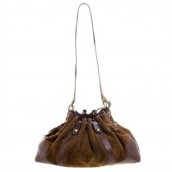 Pre Owned Burberry Brown Suede and Leather Drawstring Hobo