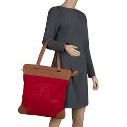 Pre Owned Burberry Red/Brown Canvas and Leather Stowell Roll Up Tote