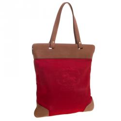 Pre Owned Burberry Red/Brown Canvas and Leather Stowell Roll Up Tote