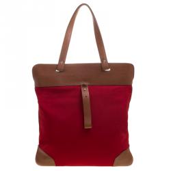 Pre Owned Burberry Red/Brown Canvas and Leather Stowell Roll Up Tote