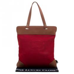 Pre Owned Burberry Red/Brown Canvas and Leather Stowell Roll Up Tote