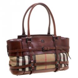 Pre Owned Burberry Brown Leather Bridle House Check Canvas Satchel