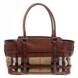 Pre Owned Burberry Brown Leather Bridle House Check Canvas Satchel