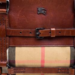 Pre Owned Burberry Brown Leather Bridle House Check Canvas Satchel