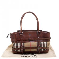Pre Owned Burberry Brown Leather Bridle House Check Canvas Satchel