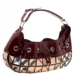 Pre Owned Burberry Burgundy Super Nova Check Mini Warrior Studded Hobo