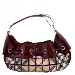 Pre Owned Burberry Burgundy Super Nova Check Mini Warrior Studded Hobo