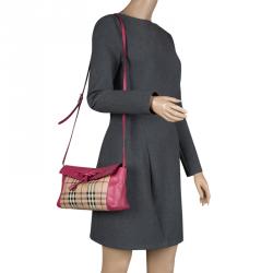Pre Owned Burberry Pink Haymarket Check PVC and Leather Crossbody Bag