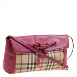 Pre Owned Burberry Pink Haymarket Check PVC and Leather Crossbody Bag