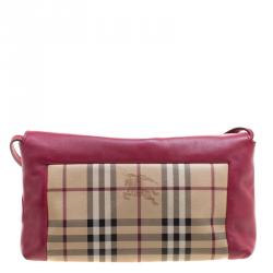 Pre Owned Burberry Pink Haymarket Check PVC and Leather Crossbody Bag