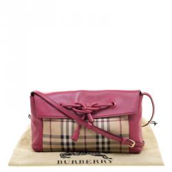 Pre Owned Burberry Pink Haymarket Check PVC and Leather Crossbody Bag