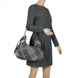 Pre Owned Burberry Grey Shimmering Nova Check Canvas and Leather Fairby Hobo