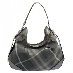 Pre Owned Burberry Grey Shimmering Nova Check Canvas and Leather Fairby Hobo