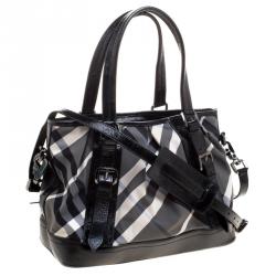 Pre Owned Burberry Black Beat Check Nylon and Patent Leather Medium Lowry Tote