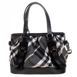 Pre Owned Burberry Black Beat Check Nylon and Patent Leather Medium Lowry Tote