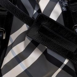Pre Owned Burberry Black Beat Check Nylon and Patent Leather Medium Lowry Tote