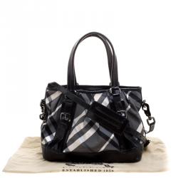 Pre Owned Burberry Black Beat Check Nylon and Patent Leather Medium Lowry Tote